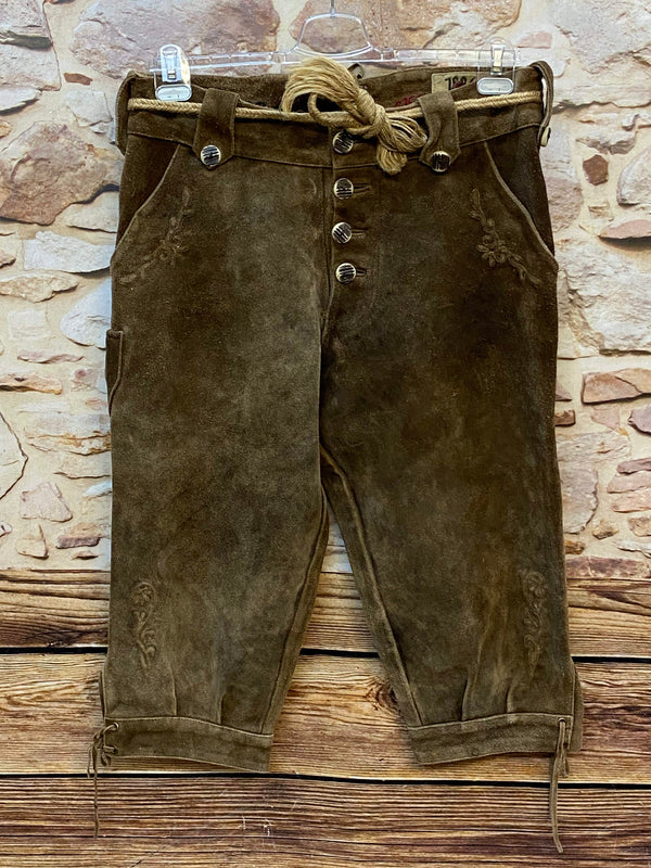 „Vintage Alphorn Lederhose braun Größe 50 mit Hornknöpfen und Kniebundform“