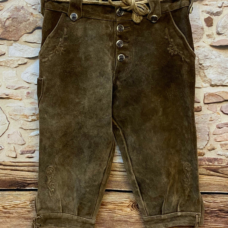 „Vintage Alphorn Lederhose braun Größe 50 mit Hornknöpfen und Kniebundform“