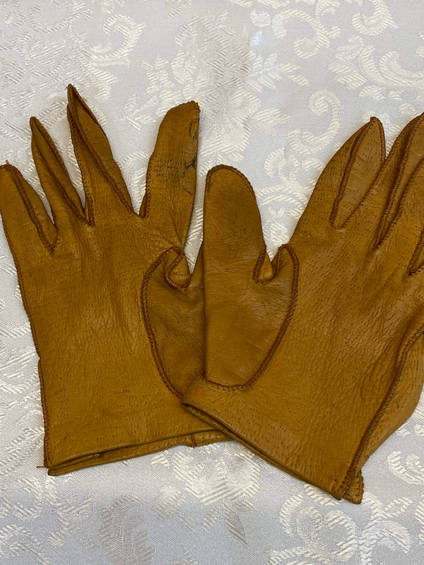 „Vintage Fahrerhandschuhe Leder Cognacbraun mit offenem Handrücken und Druckknopf“