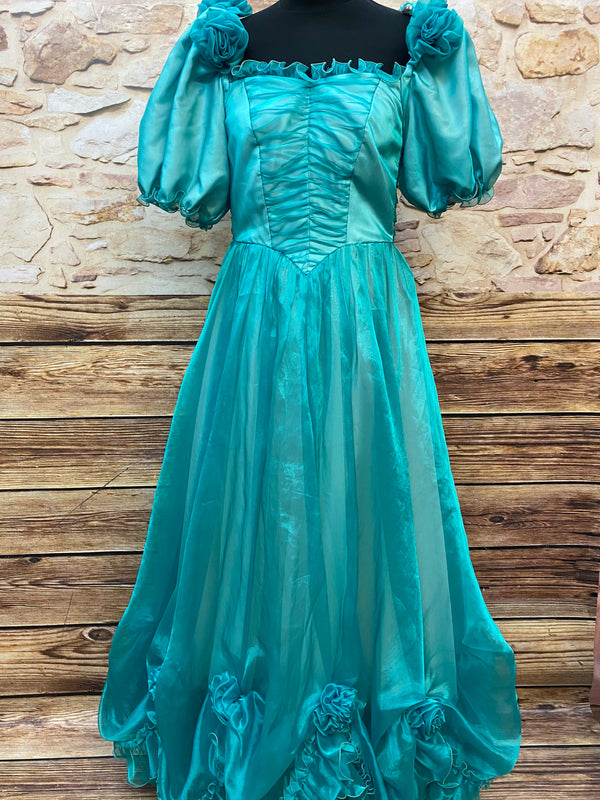 Türkisfarbenes Vintage Ballkleid mit Puffärmeln und Rosetten, Gr. 38