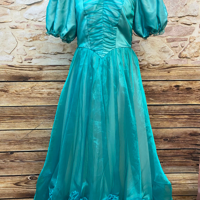 Türkisfarbenes Vintage Ballkleid mit Puffärmeln und Rosetten, Gr. 38