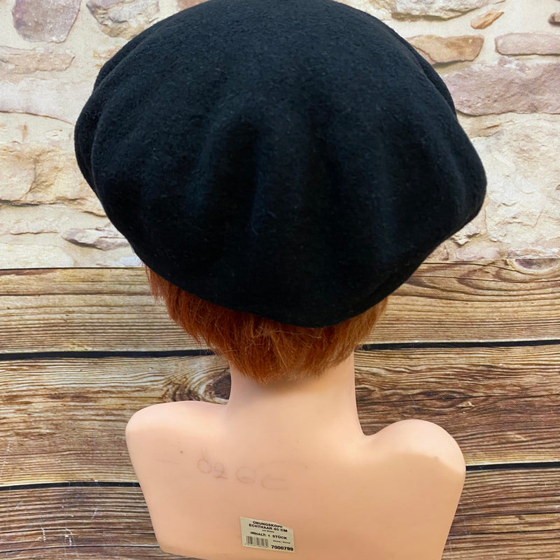 „Rückansicht von schwarzem Vintage Damen-Barett Größe 58 mit klassischer runder Barettform“