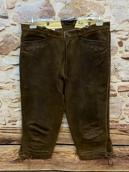 „Vintage Beckert Lederhose dunkelbraun Größe 48 mit dezenter Stickerei und Kniebundform“