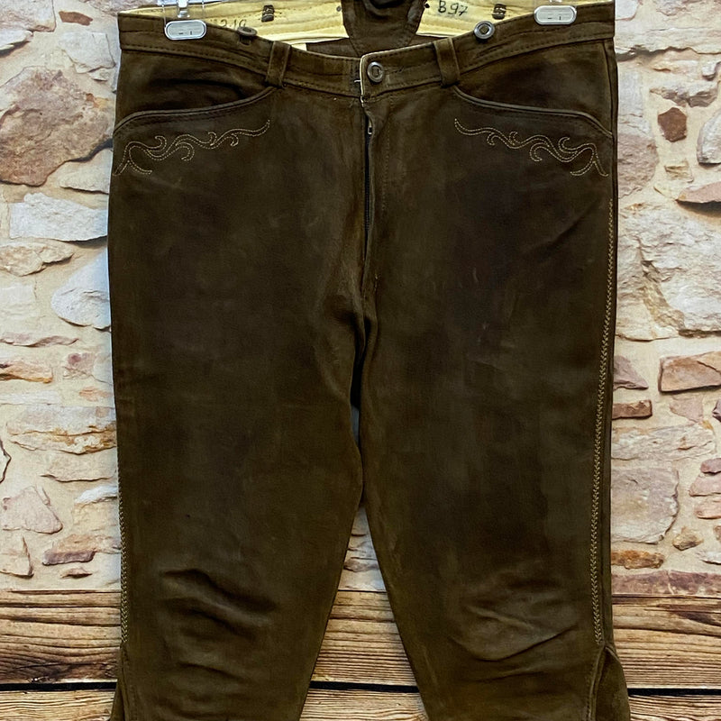 „Vintage Beckert Lederhose dunkelbraun Größe 48 mit dezenter Stickerei und Kniebundform“
