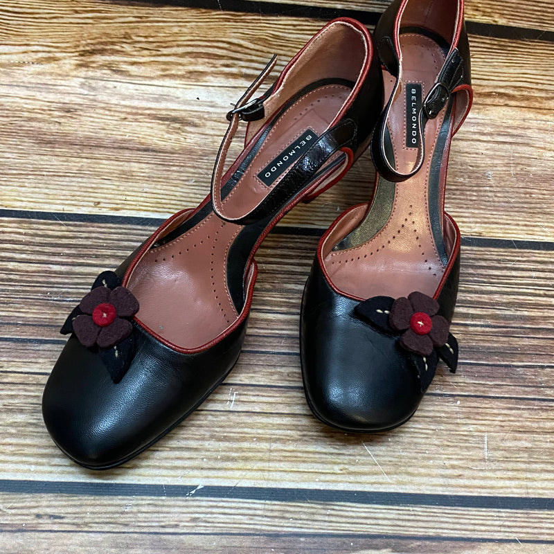Belmondo Damen-Pumps Größe 38 in Schwarz mit roten Velours-Akzenten und T-Riemchen, 6 cm Blockabsatz, Vintage-Stil