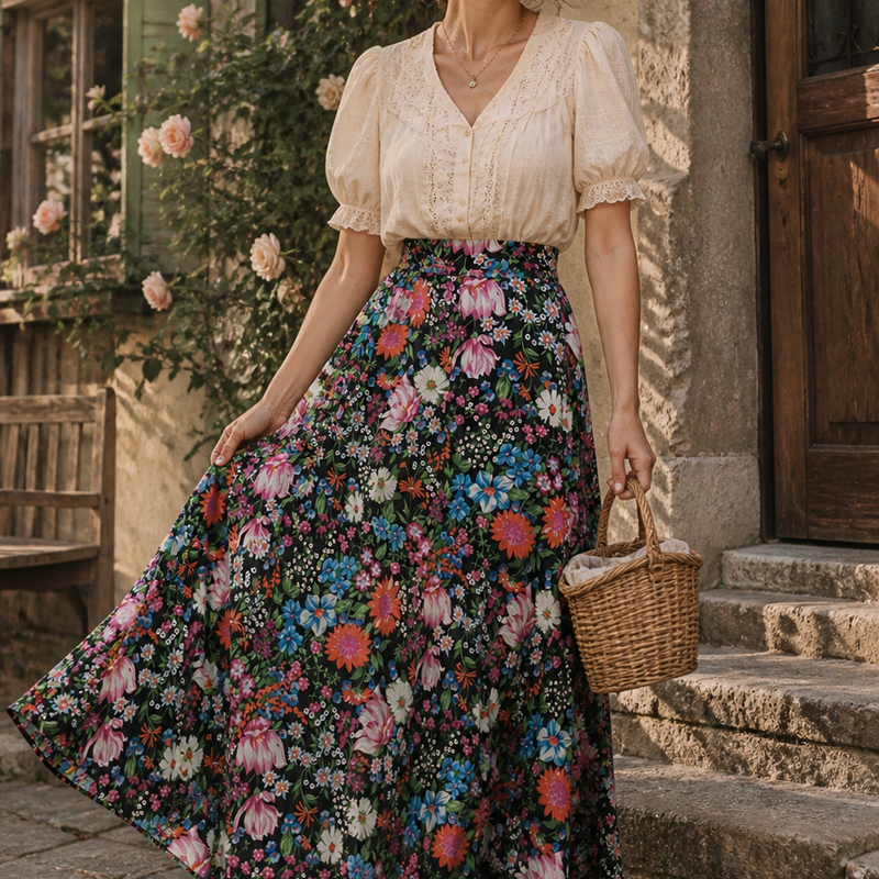 „Vintage Blumen Maxirock auf Model im Boho Look mit Bluse und Korbtasche in nostalgischer Outdoor Kulisse“