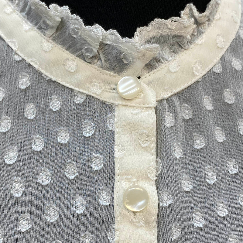 Vintage Bluse Damen creme mit Rüschenkragen & Tupfenstruktur – Größe 36, Ansicht 2