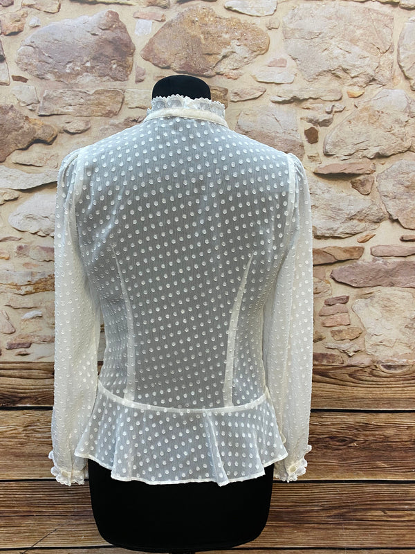 Vintage Bluse Damen creme mit Rüschenkragen & Tupfenstruktur – Größe 36, Ansicht 4