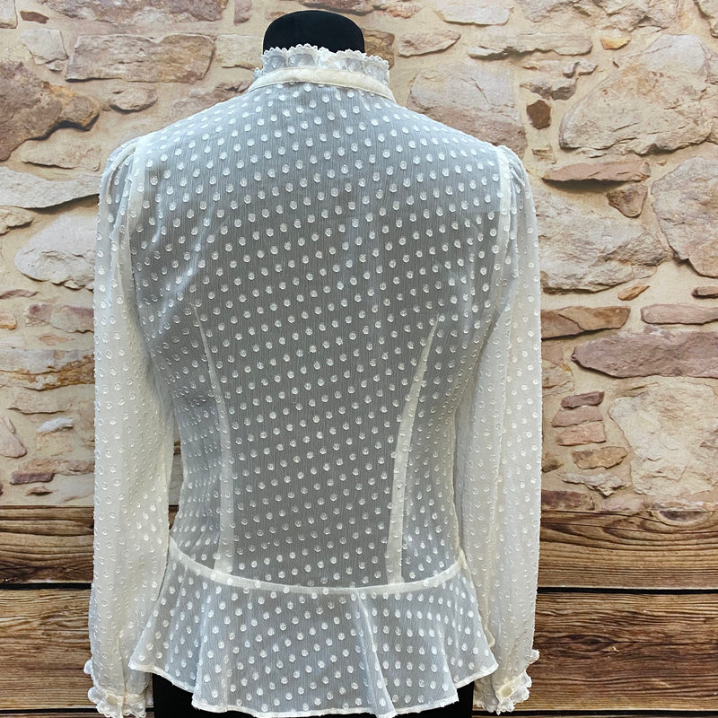 Vintage Bluse Damen creme mit Rüschenkragen & Tupfenstruktur – Größe 36, Ansicht 4