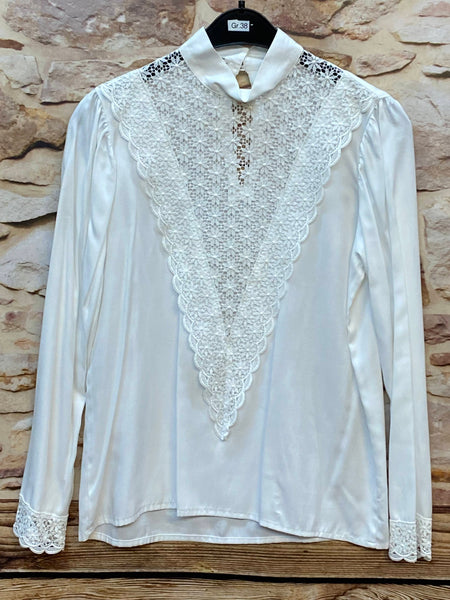 „Vintage Bluse weiß mit Spitze und Stehkragen Größe 38“