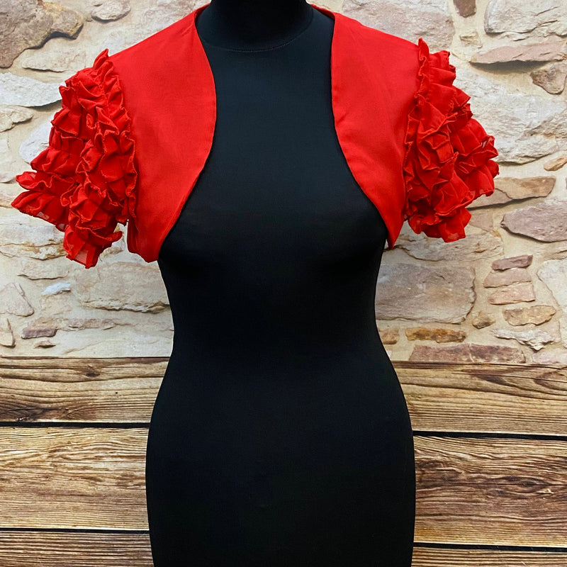 „Vintage Bolero rot 70er Jahre mit Volantärmeln Damen vorne“