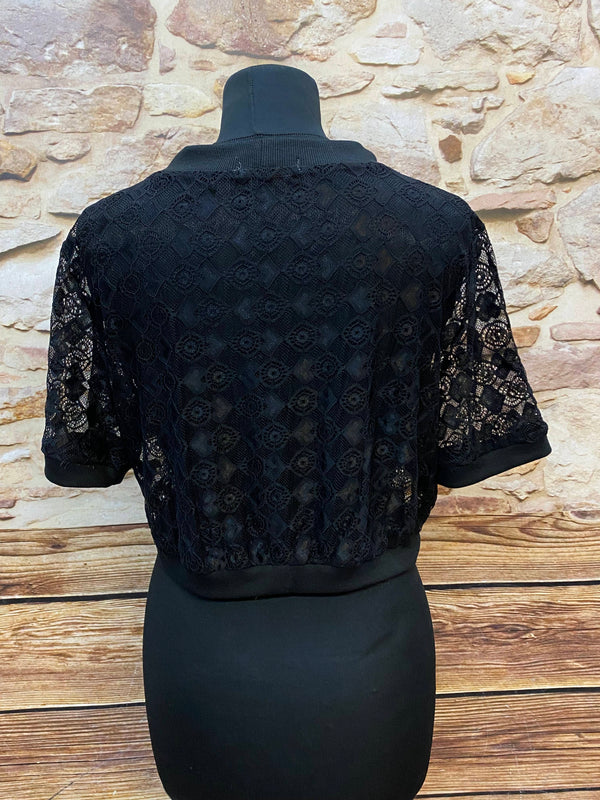 „Rückansicht Vintage Bolero schwarz Spitze kurze Damenjacke elegant“