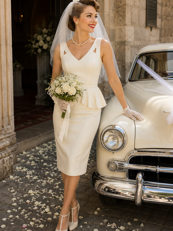 „Vintage 50er Jahre Brautkleid creme auf Modell mit Schleier vor Oldtimer Hochzeit Retro Stil“