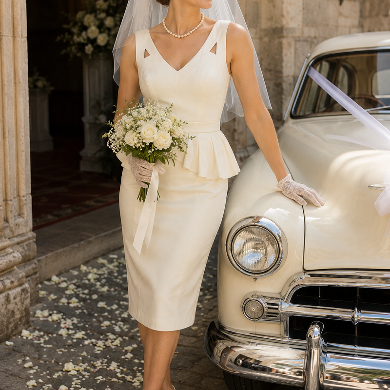 „Vintage 50er Jahre Brautkleid creme auf Modell mit Schleier vor Oldtimer Hochzeit Retro Stil“