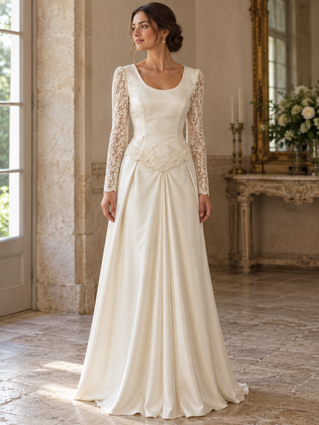 Vintage Brautkleid in Creme Größe 42 mit langen Spitzenärmeln und floraler Spitzenapplikation