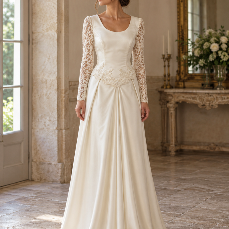 Vintage Brautkleid in Creme Größe 42 mit langen Spitzenärmeln und floraler Spitzenapplikation