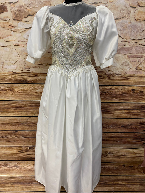 Vintage Brautkleid in Elfenbein, Größe 42, mit Pailletten- und Perlen-Bustier, Puffärmeln, Illusionspasse und Satinschleife von Mary’s, 1980er, guter Zustand.