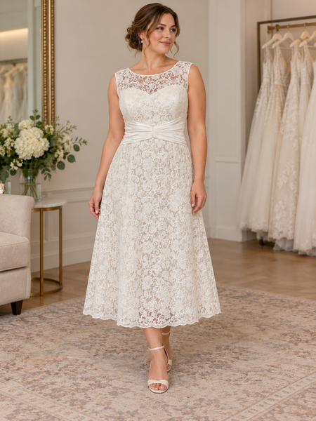 Vintage Brautkleid Größe 54 in Creme mit floraler Spitze und geraffter Satin-Taille