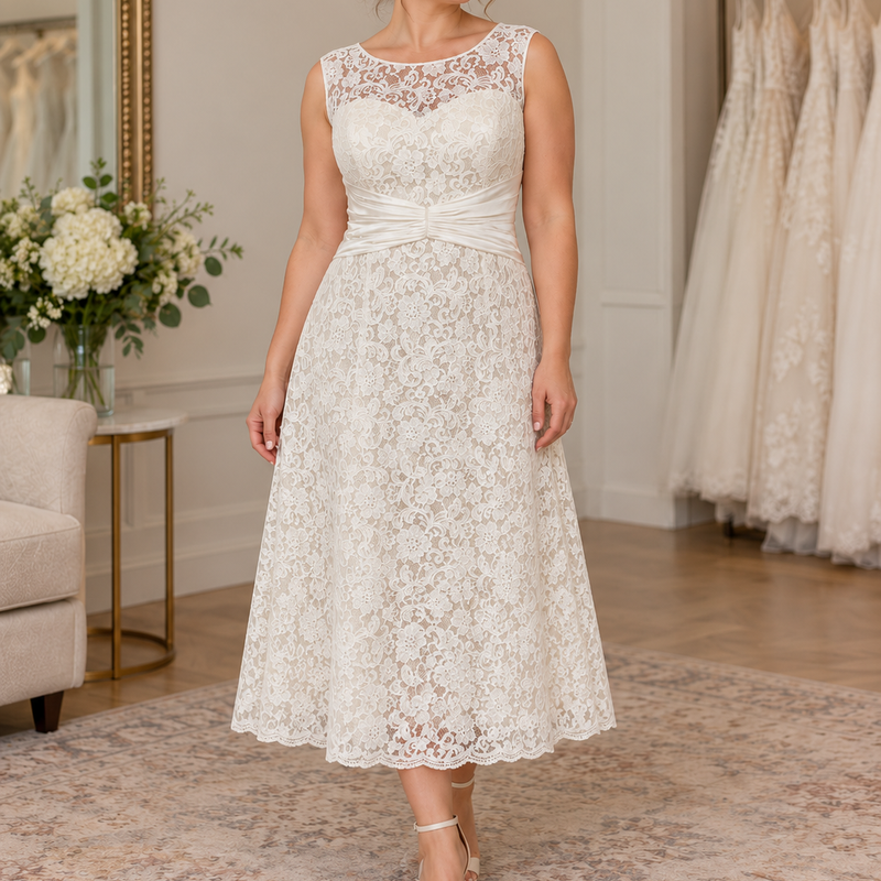 Vintage Brautkleid Größe 54 in Creme mit floraler Spitze und geraffter Satin-Taille