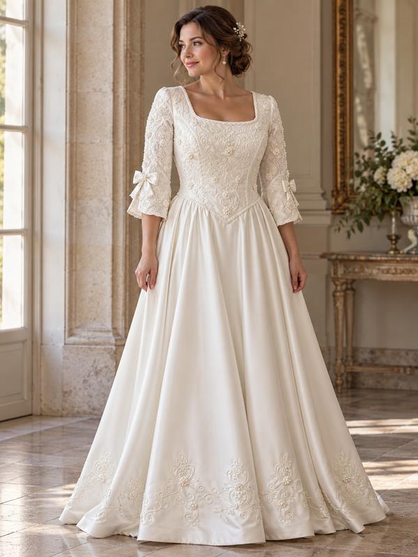 Vintage Brautkleid in Weiß Größe 44 mit Stickerei, Perlendetails und Schleifenärmeln