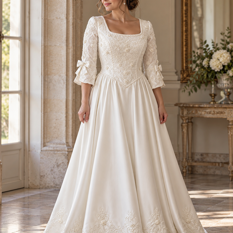 Vintage Brautkleid in Weiß Größe 44 mit Stickerei, Perlendetails und Schleifenärmeln