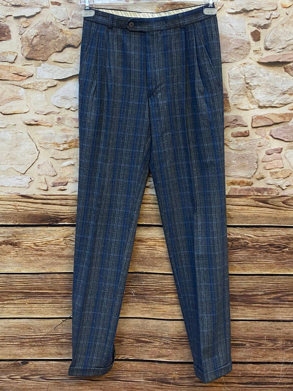 „Vintage Bundfaltenhose Herren blau grau kariert High Waist 80er Stil“