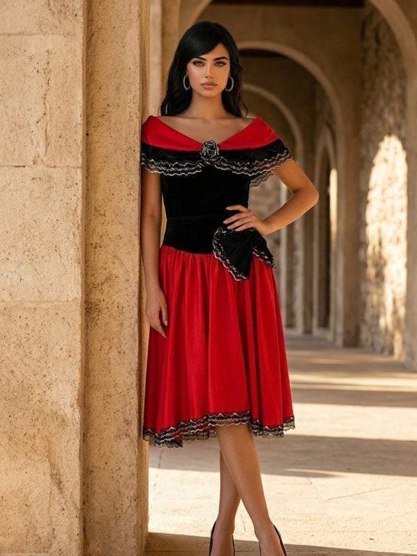 „Vintage Abendkleid rot schwarz mit Spitze elegantes Cocktailkleid Damen“