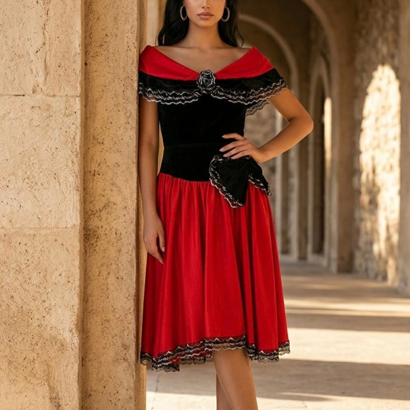 „Vintage Abendkleid rot schwarz mit Spitze elegantes Cocktailkleid Damen“