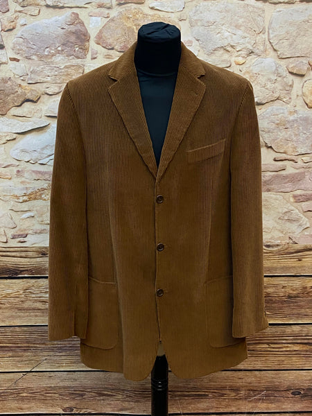 Brauner Vintage-Cordblazer mit klassischem Revers, Zwei-Knopf-Verschluss und aufgesetzten Taschen in Größe 102.