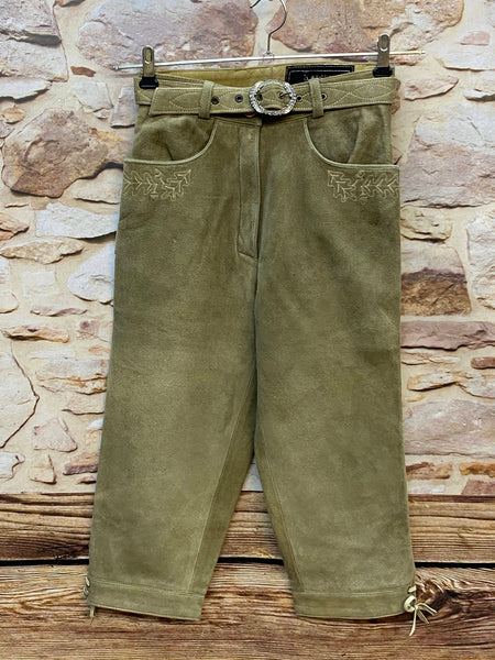 Vintage Damen Kniebundlederhose Größe 36 aus Hirschleder in Oliv-Beige mit Stickerei und Ledergürtel