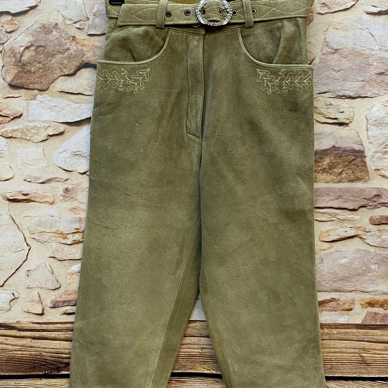 Vintage Damen Kniebundlederhose Größe 36 aus Hirschleder in Oliv-Beige mit Stickerei und Ledergürtel