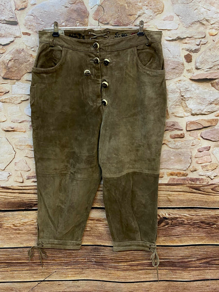 Vintage Damen Kniebundlederhose Natural Life Größe 44 aus braun-olivem Echtleder mit Knopfleiste und Schnürungen