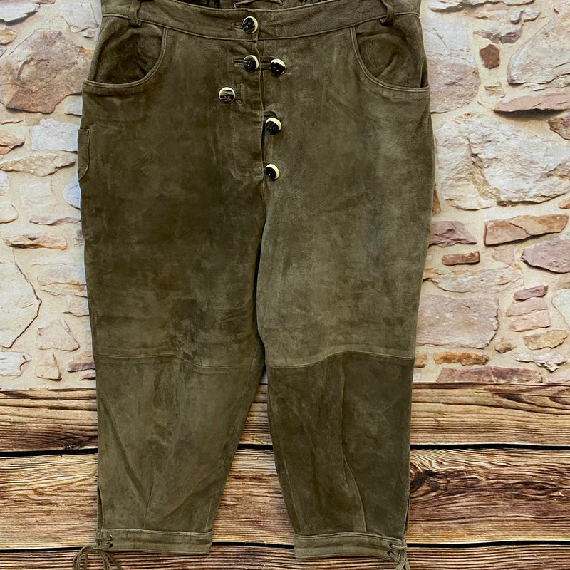 Vintage Damen Kniebundlederhose Natural Life Größe 44 aus braun-olivem Echtleder mit Knopfleiste und Schnürungen