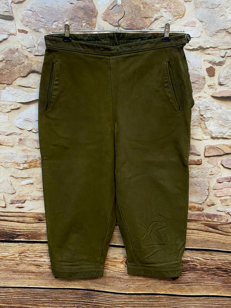 Vintage Damen Kniebundlederhose olivgrün ca. Größe 44 mit seitlichem Reißverschluss und verstellbaren Beinabschlüssen