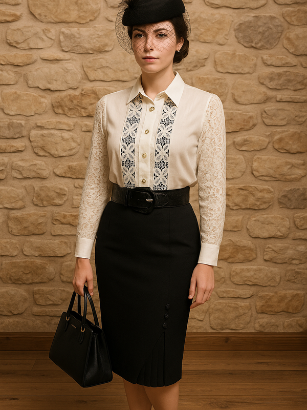 Vintage Damenkostüm Größe 44: cremefarbene Spitzenbluse mit Perlmuttknöpfen, schwarzer Bleistiftrock mit Falteneinsatz, Stretch-Gürtel und schwarzer Fascinator