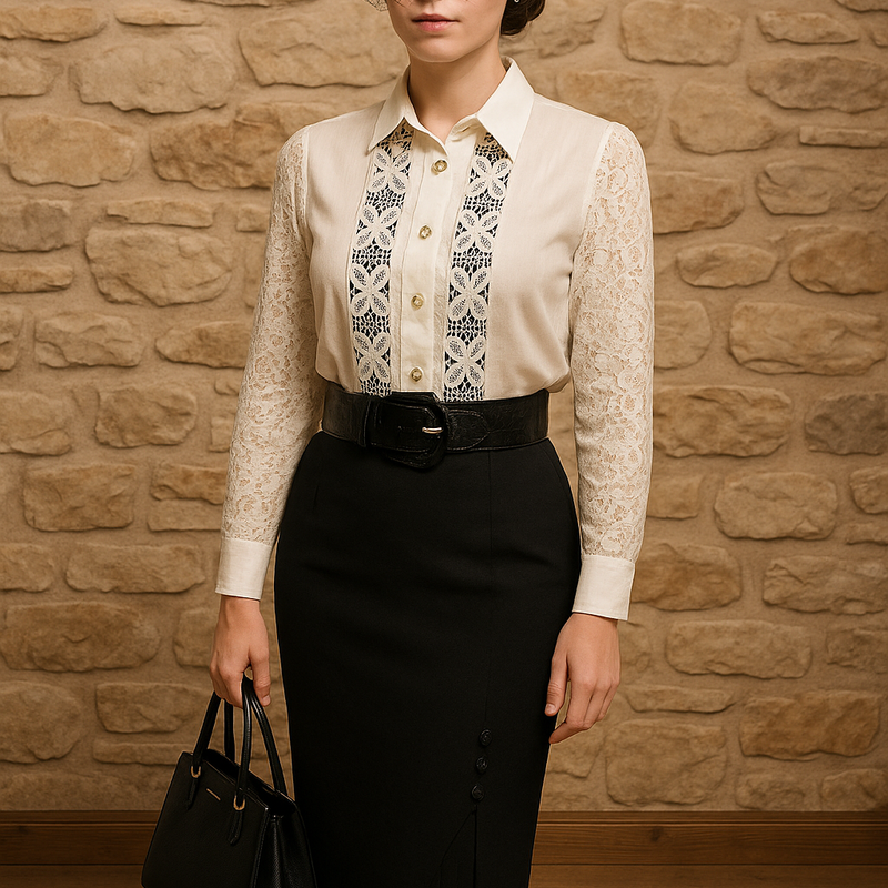 Vintage Damenkostüm Größe 44: cremefarbene Spitzenbluse mit Perlmuttknöpfen, schwarzer Bleistiftrock mit Falteneinsatz, Stretch-Gürtel und schwarzer Fascinator