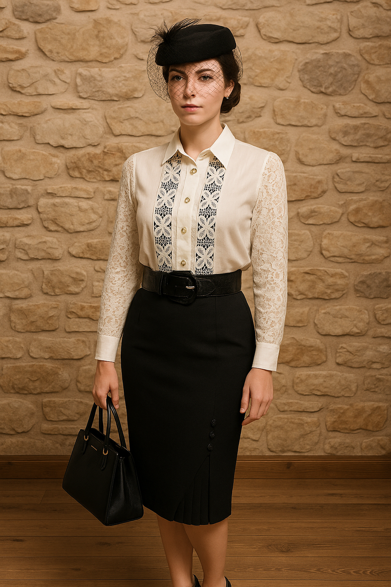 Vintage Damenkostüm Größe 44: cremefarbene Spitzenbluse mit Perlmuttknöpfen, schwarzer Bleistiftrock mit Falteneinsatz, Stretch-Gürtel und schwarzer Fascinator