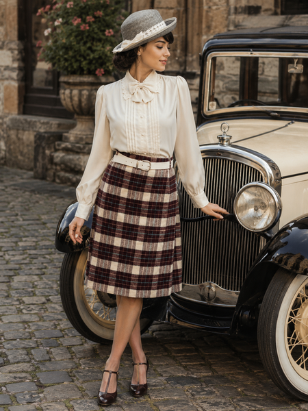 „Tragebeispiel Damen Vintage Kostüm Größe 46 im Edwardian Stil mit cremefarbener Bluse, Karorock und Strohhut vor Oldtimer“