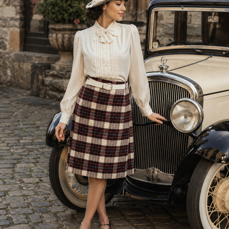 „Tragebeispiel Damen Vintage Kostüm Größe 46 im Edwardian Stil mit cremefarbener Bluse, Karorock und Strohhut vor Oldtimer“