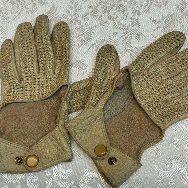 Vintage Damen Leder-Fahrhandschuhe in Cremebeige mit Häkelrücken, Größe M, sehr weich und bequem.