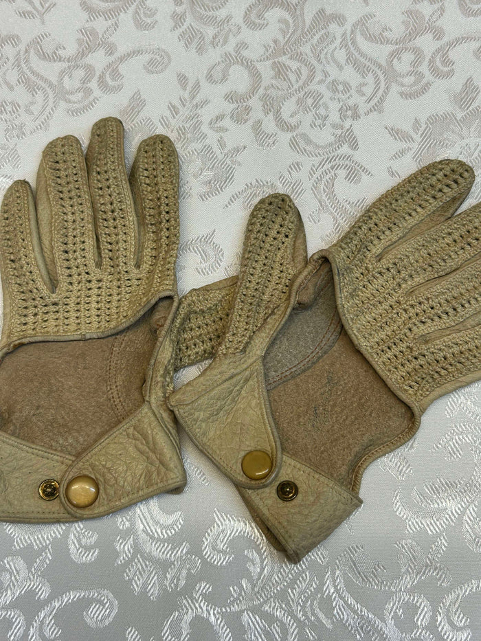Vintage Damen Leder-Fahrhandschuhe in Cremebeige mit Häkelrücken, Größe M, sehr weich und bequem.