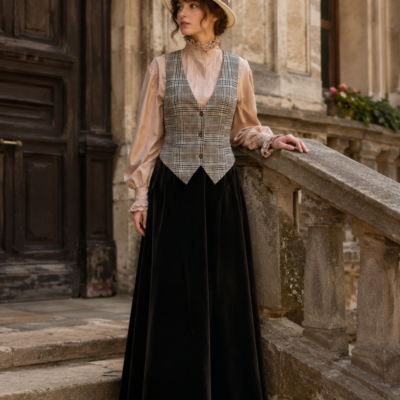 „Elegantes Vintage Damen Outfit mit langer Rock, Rüschenbluse, karierter Weste und Hut vor historischer Architektur“