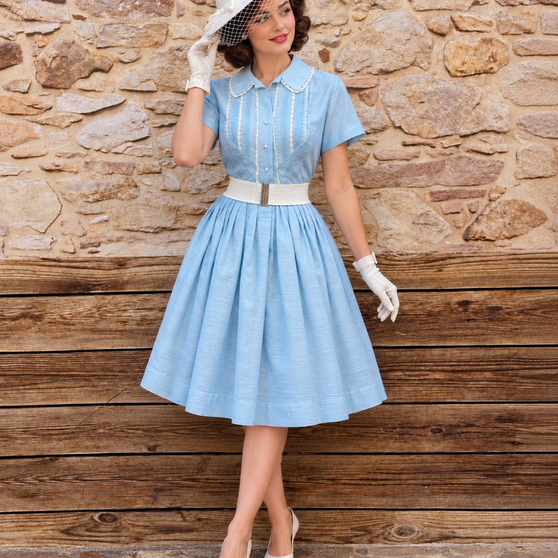 Frau trägt hellblaues True Vintage Kleid Gr. 34 mit weißem Hut und Handschuhen
