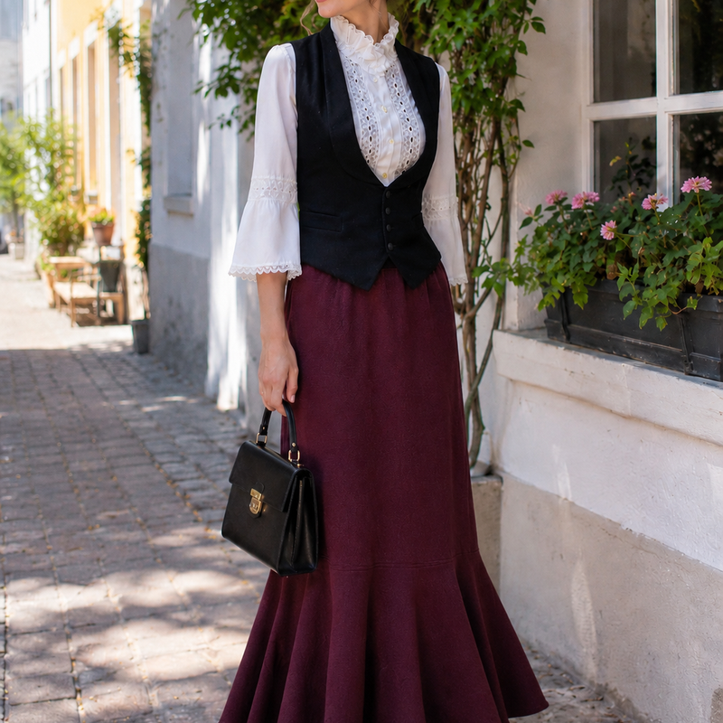 Model trägt ein Vintage Damen Outfit mit weißer Spitzenbluse, schwarzer Weste, langem bordeauxfarbenem Rock und Handtasche in einer hellen Altstadtstraße