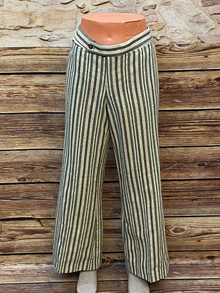 „Vintage Damen Stoffhose 70er Jahre gestreift beige grün braun Größe 40 Boho Stil“