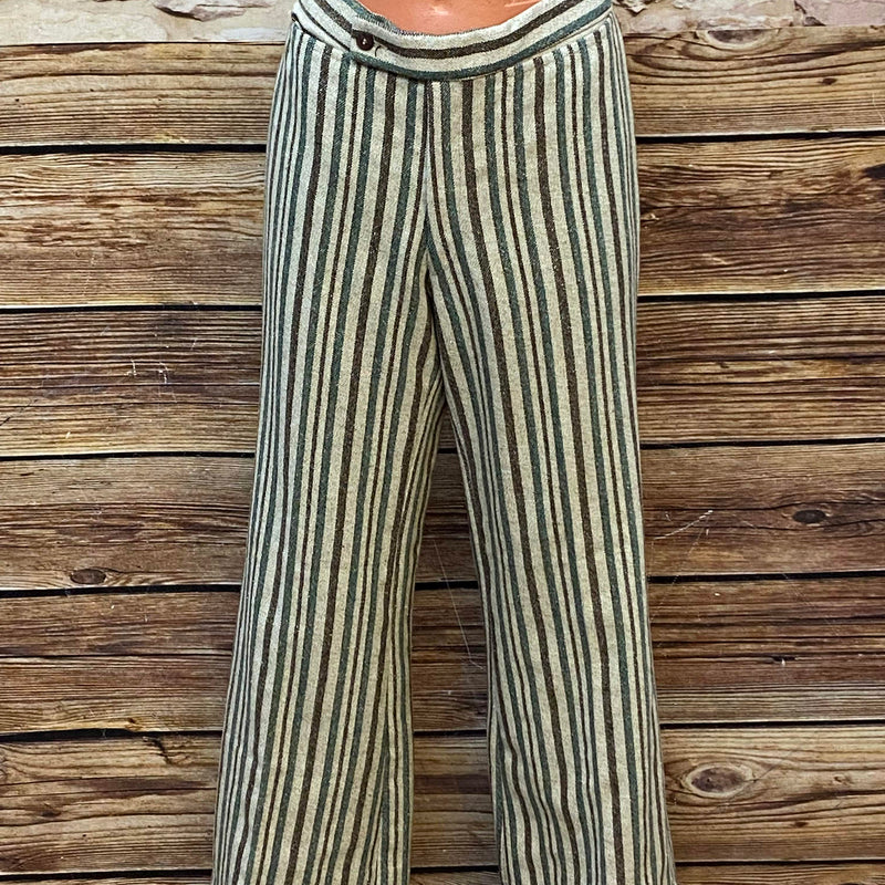 „Vintage Damen Stoffhose 70er Jahre gestreift beige grün braun Größe 40 Boho Stil“