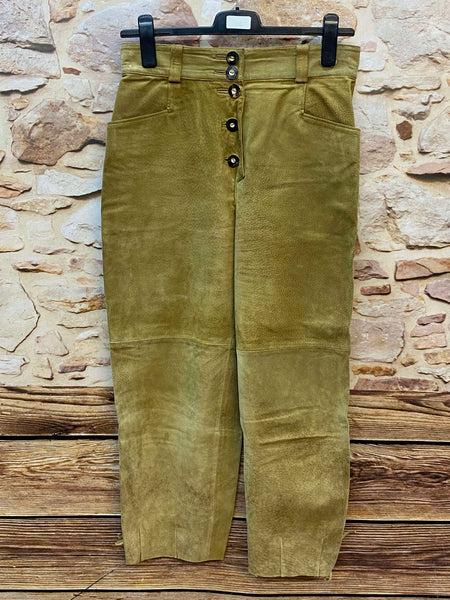 „Damen Trachtenlederhose lang in Olivbraun von Almenrausch, Vorderansicht“
