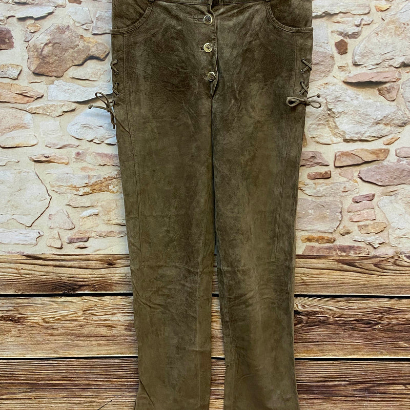 „Damen Trachtenlederhose lang in Olivbraun aus Veloursleder, Vorderansicht“
