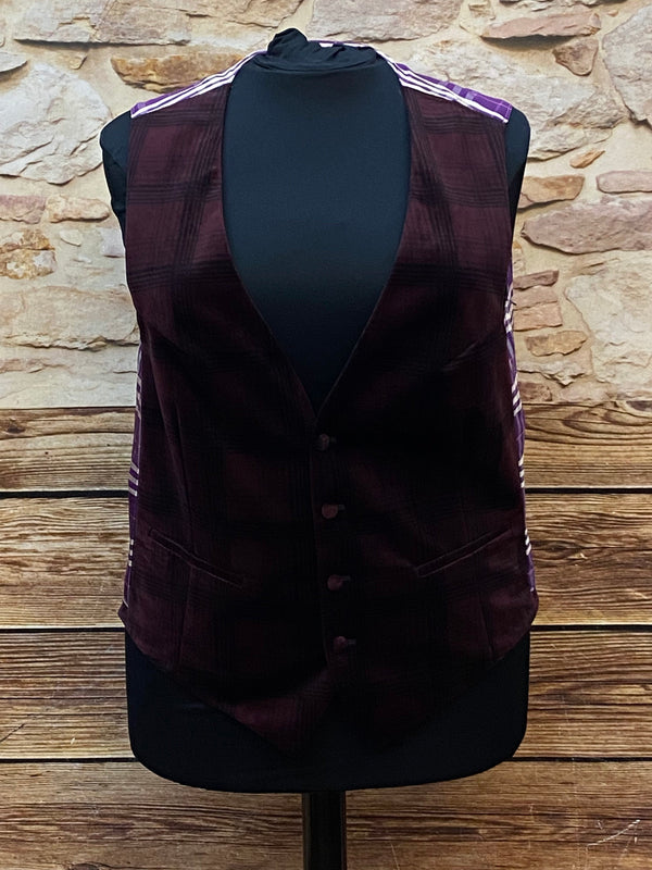 „Rückseite Vintage Damen Weste lila kariert Kontrastdesign Größe 48“