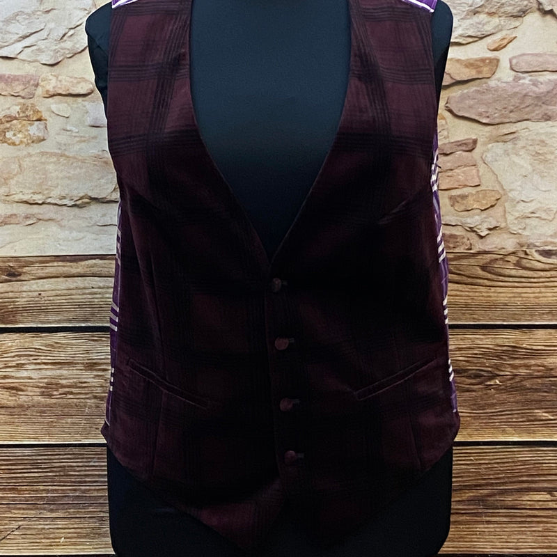„Rückseite Vintage Damen Weste lila kariert Kontrastdesign Größe 48“